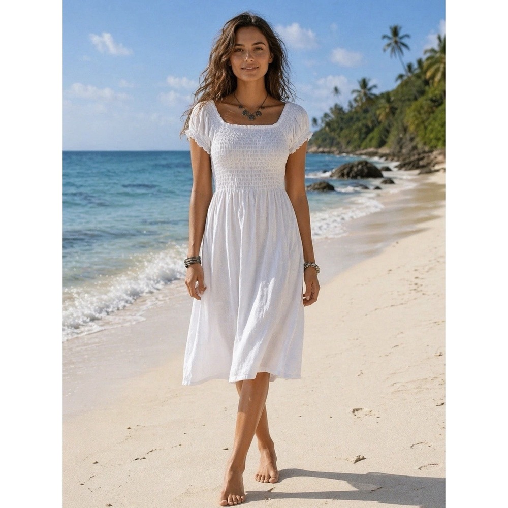 Peaceful People White Smocked Puff Sleeve Dress Sz S Peasant Bohemian Sundress
